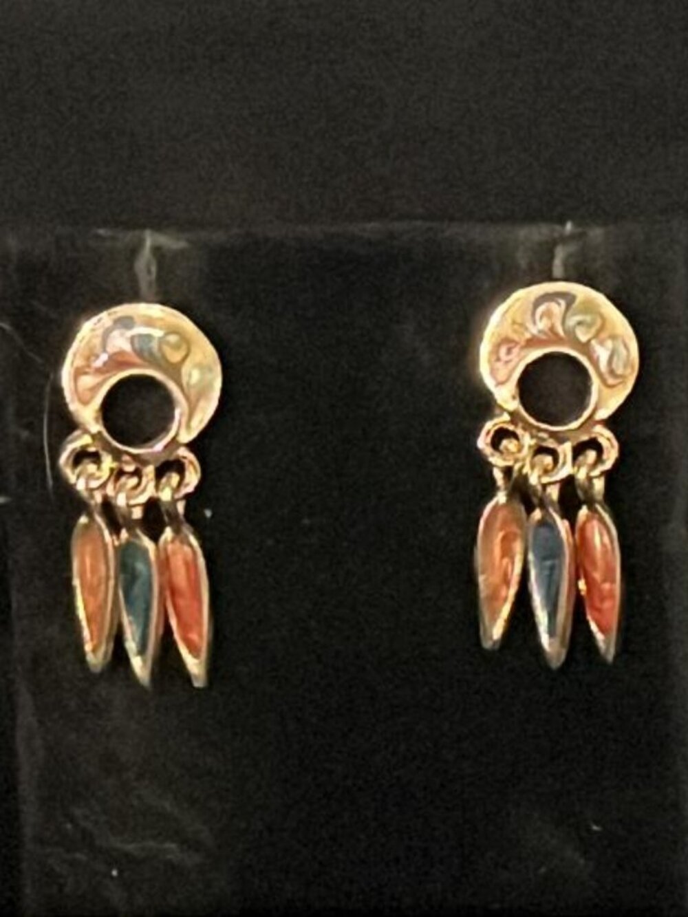 Vintage Guilloche Glass Enamel Aventurine Tribal Dangle Earrings